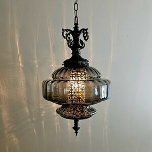 HUGE Vintage SMOKEY GRAY Glass Hanging Light Swag Lamp Retro Diffuser MCM 70s